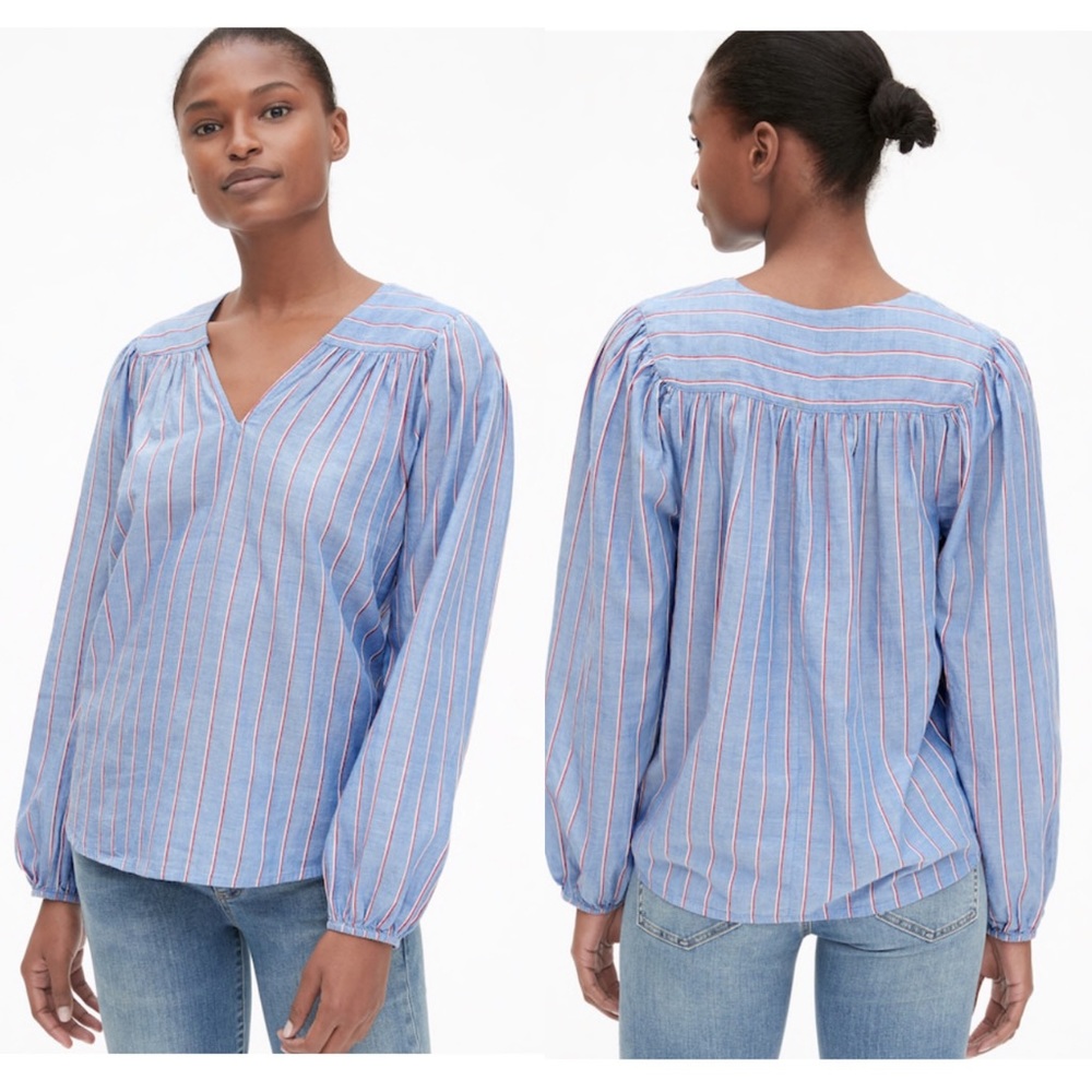 Gap Long Sleeve Stripe Split Neck Blouse